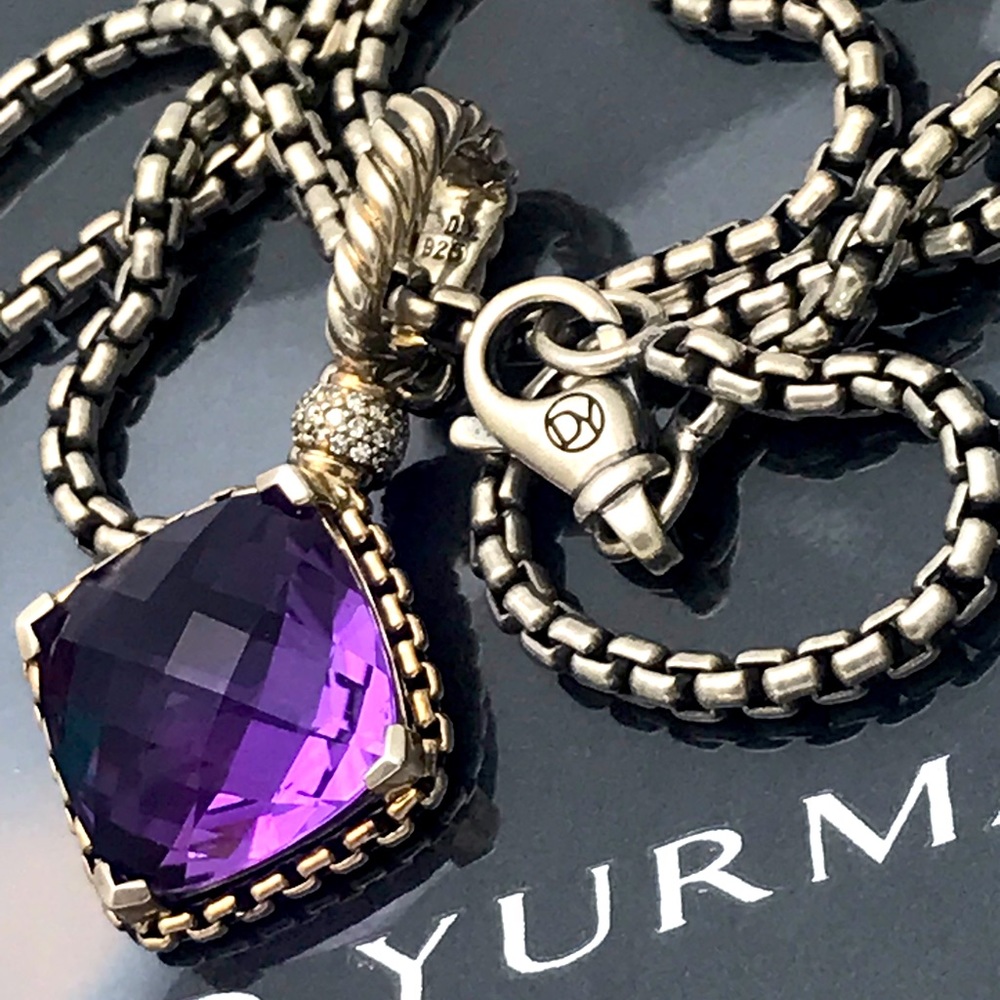 💯David Yurman Sterling Silver 925 Amethyst “On Point” & Pave Diamonds Necklace
